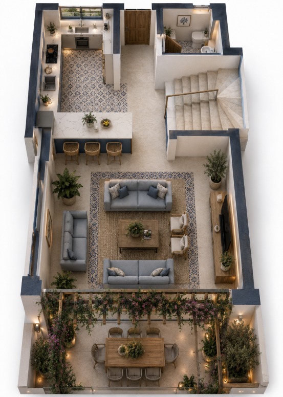 Keremköy Avlu villa zemin kat örnek mobilyalı planı